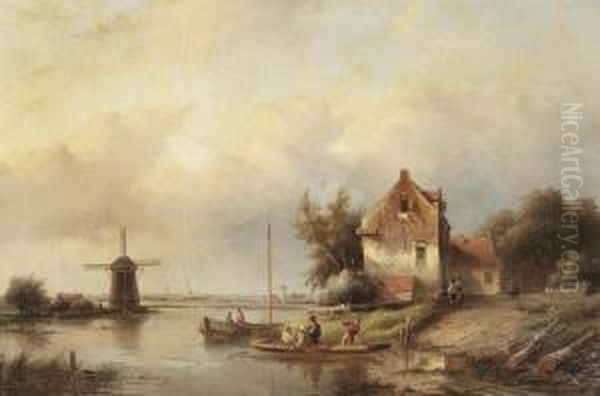 A Summer Landscape With A Windmill And A Ferry Crossing Awaterway Oil Painting by Jan Jacob Coenraad Spohler