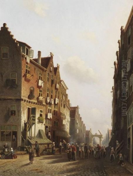 Geschaftiges Treiben In Einem Hollandischen Gasschen Oil Painting by Johannes Franciscus Spohler