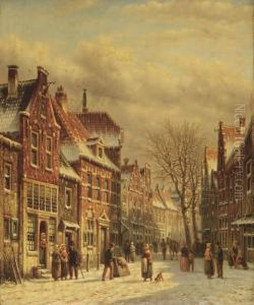 Townspeople On A Snow-covered Street Oil Painting by Johannes Franciscus Spohler