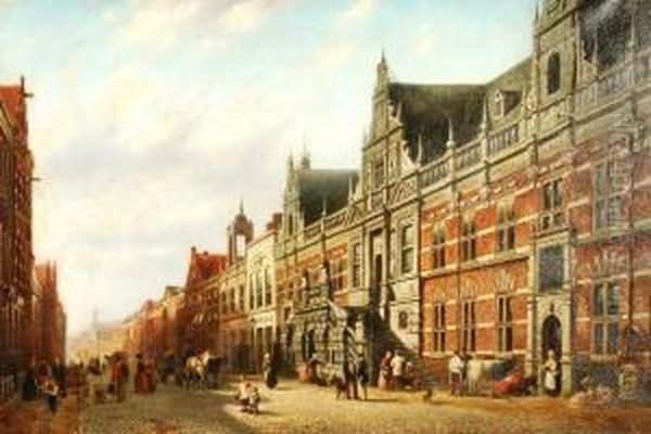 A Dutch Street Scene Oil Painting by Johannes Franciscus Spohler