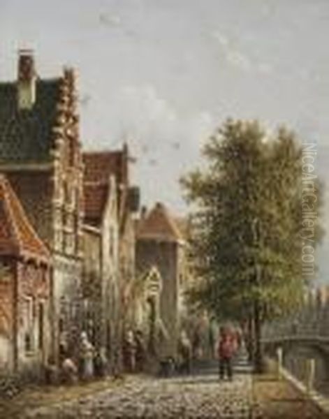 Daily Activities In A Sunlit Street Oil Painting by Johannes Franciscus Spohler