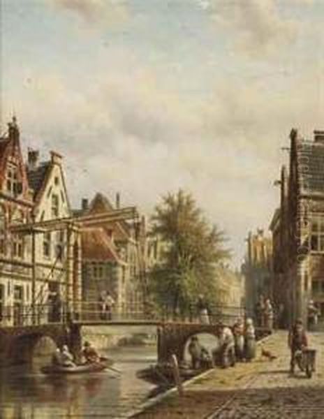 Activities On A Canal In A Dutch Town Oil Painting by Johannes Franciscus Spohler