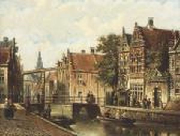 Figures On The Banks Of A Canal Oil Painting by Johannes Franciscus Spohler