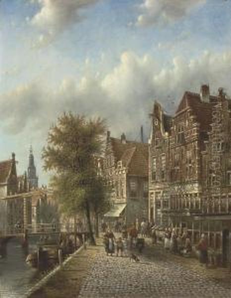 Figures By A Canal, Amsterdam Oil Painting by Johannes Franciscus Spohler