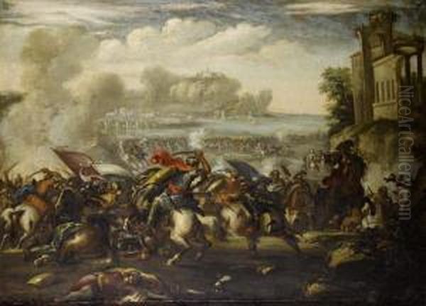 A Cavalry Skirmish Between Turks And Europeanswith A Fortified Town And Harbour Beyond; Oil Painting by Ilario Mercanti Spolverini