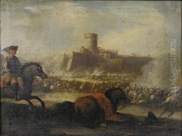 A Cavalry Battle Before A Walled Town Oil Painting by Ilario Mercanti Spolverini