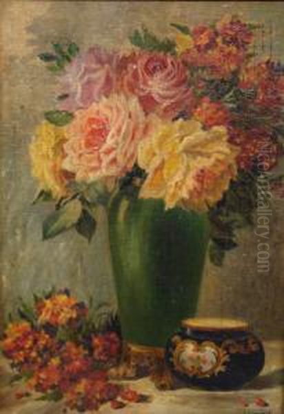 Still Life Of Roses And Wall Flowers In A Green Vase On A Table With A Porcelain Bowl Oil Painting by Charles H. Spooner