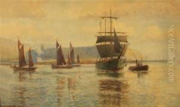 Shipping Off A Harbour Oil Painting by G.B. Percy Spooner-Lillingston