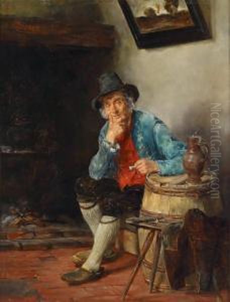 Interior With Peasant Smoking Pipes Oil Painting by Alfons Spring