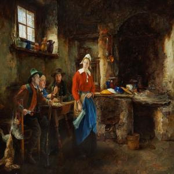 Interior With A Kitchenmaid Waiting On Three Gentlemen Oil Painting by Alfons Spring