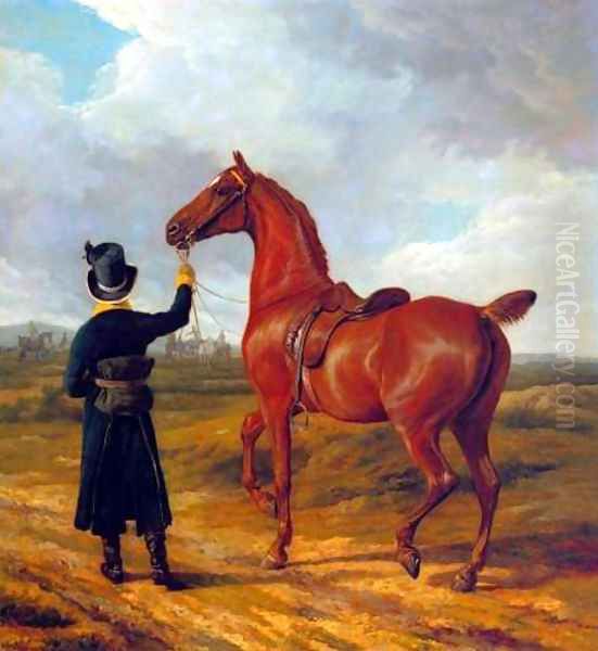 Lord Rivers' Groom Leading a Chestnut Hunter towards a Coursing Party in Hampshire Oil Painting by Jacques Laurent Agasse