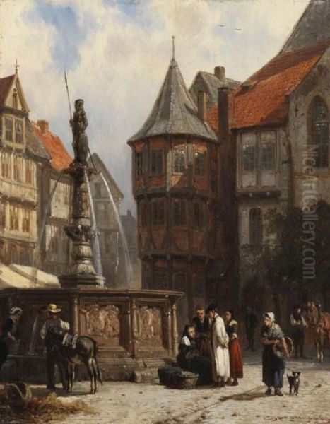 Am Brunnen Vor Dem Rathaus Von Hildesheim Oil Painting by Cornelis Springer