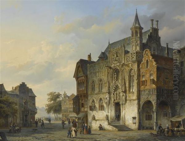 Dutch Town With Figures Oil Painting by Cornelis Springer