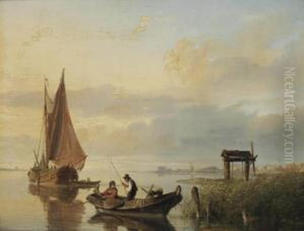 Fishing Vessels At Sunset Oil Painting by Cornelis Springer