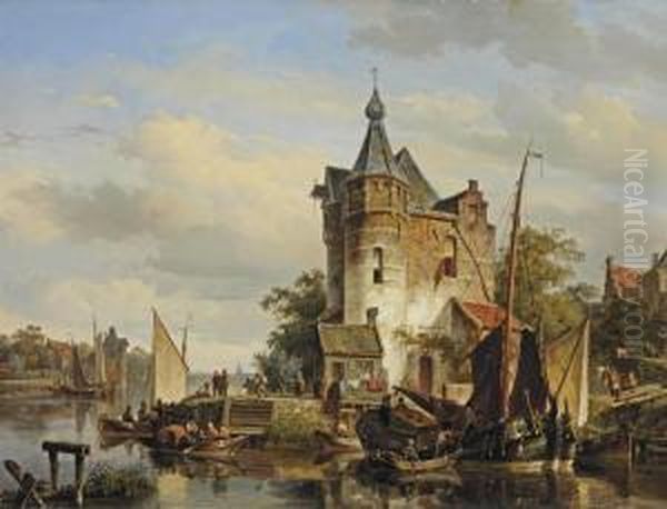 Moored Barges At A Quay Near A Keep Oil Painting by Cornelis Springer