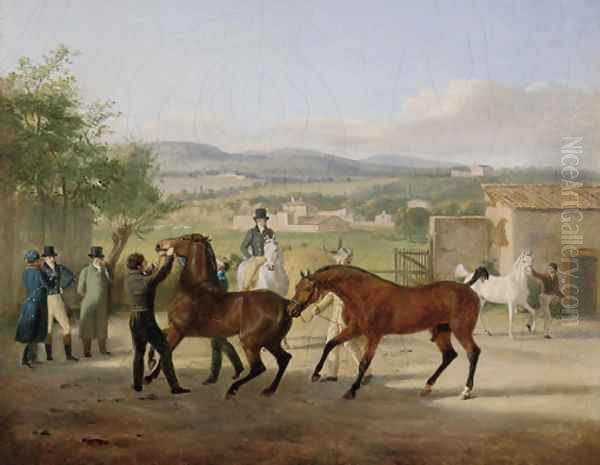 A stallion being led to a mare in a stable yard, a landscape with villas beyond Oil Painting by Jacques Laurent Agasse