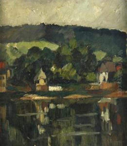 Blick Ubereinen Fluss Auf Ein Ufer Mit Hausern Oil Painting by Hanns Sprung