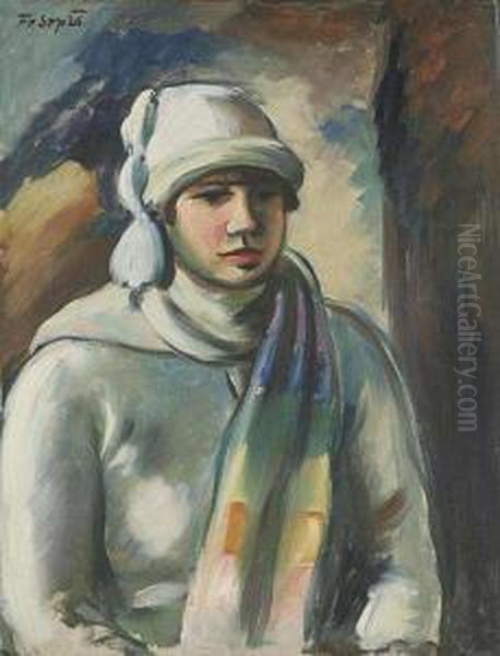 A Girl In A White Cap Oil Painting by Frantisek Srp