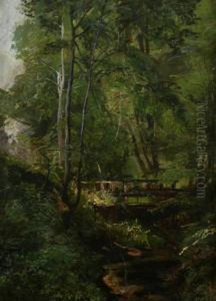 Footbridge Over Woodland Stream Oil Painting by Gertrud Staats