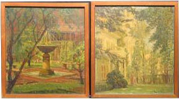 A Fountain In A Garden; A Lady Entering A Veranda (a Pair) Oil Painting by Anna Lee Stacey