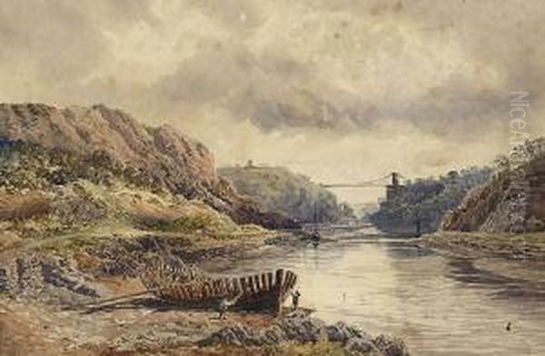 Figures Mending A Boat Before Clifton Suspension Bridge Oil Painting by Henry Edward Stacey