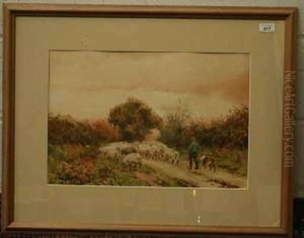 Shepherd With Sheepdog And Sheep In Rural Lane Oil Painting by Walter Sydney Stacey