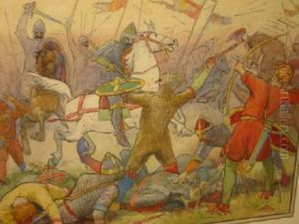 Viking Battle Scene Oil Painting by Walter Sydney Stacey