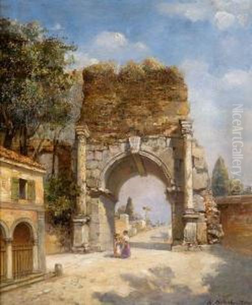 Arco Di Druso Sulla Via Appia Con Popolane Oil Painting by Ernst Stache