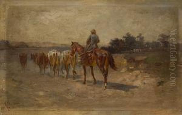 Berittener Hirte Mit Rindern Auf Dem Heimweg. Oil Painting by Wladyslaw Stachowski