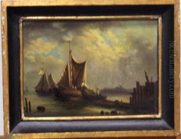 Strandlinje Med Segelfartyg. Oil Painting by Josef Magnus Stack