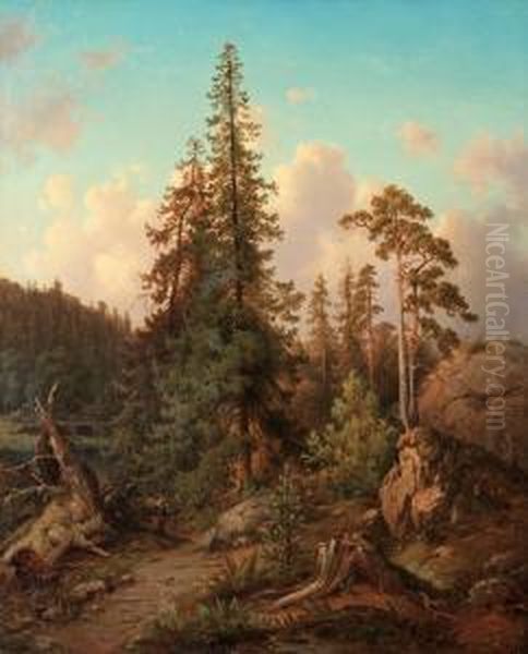 Forest Landscape With Woman Collecting Wood Oil Painting by Joseph Magnus Stack