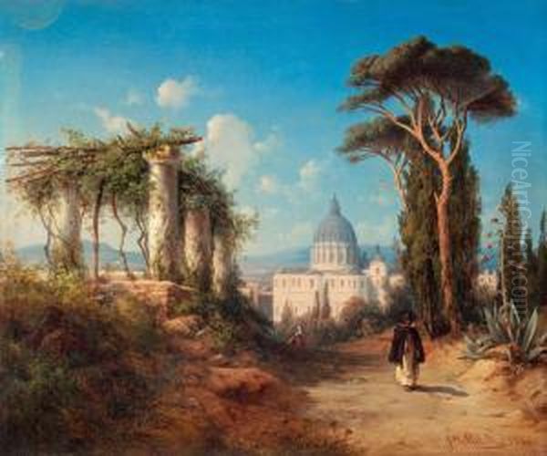 Walking Figures In The Outskirts Of Rome With Thest. 
Peter's Basilica In The Background Oil Painting by Joseph Magnus Stack