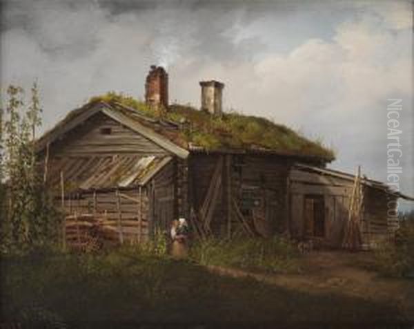 Kvinna Med Barn Utanfor En Torpstuga Oil Painting by Joseph Magnus Stack