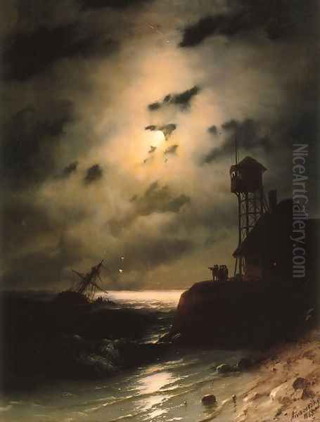 Moonlit Seascape With Shipwreck Oil Painting by Ivan Konstantinovich Aivazovsky