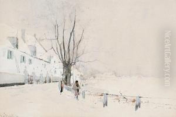 Figures In A Winter Landscape Oil Painting by Henri Stacquet