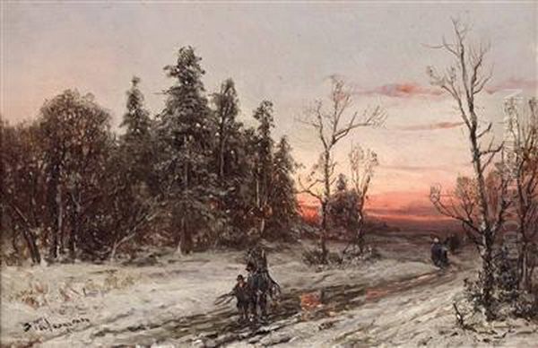 Die Heimkehrenden Reisigsammler Am Winterabend Oil Painting by Adolf Stademann