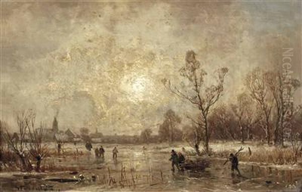 Winterlandschaft Mit Personenstaffage Und Windmuhle Oil Painting by Adolf Stademann