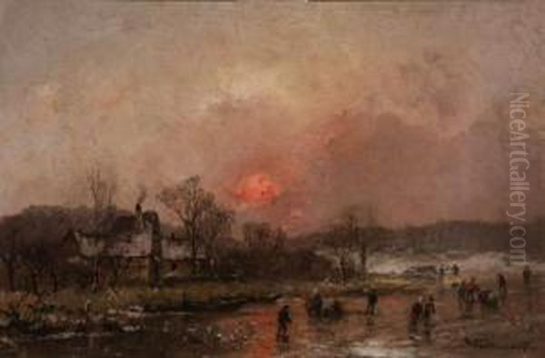 Skating On An Estuary At Sunset Oil Painting by Adolf Stademann