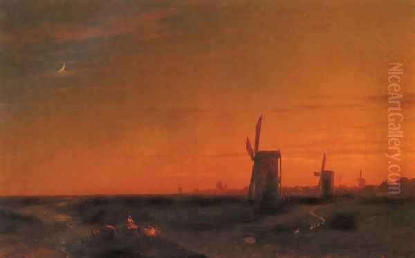 Landscape With Windmills Oil Painting by Ivan Konstantinovich Aivazovsky