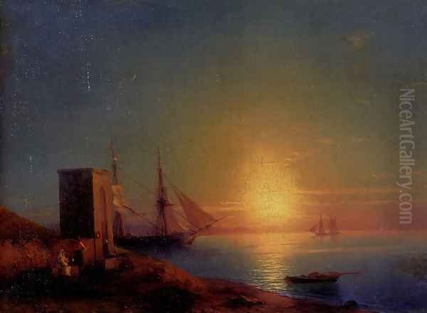 Figures In A Coastal Landscape At Sunset Oil Painting by Ivan Konstantinovich Aivazovsky