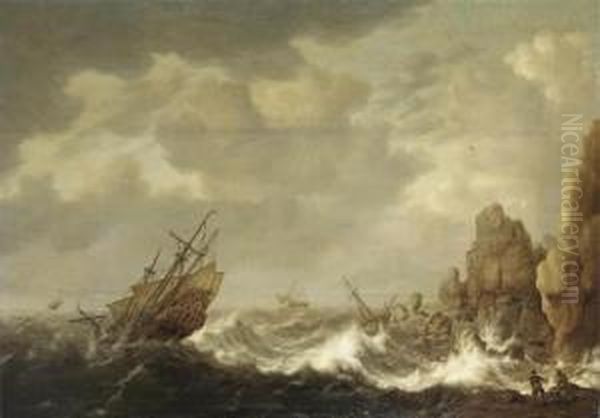 A Dutch Merchant And Other Ships In A Gale Off A Rocky Coast Oil Painting by Hendrick Staets