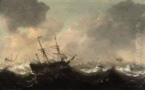 A Frigate And Other Ships In Choppy Waters, A Whale Nearby Oil Painting by Hendrick Staets