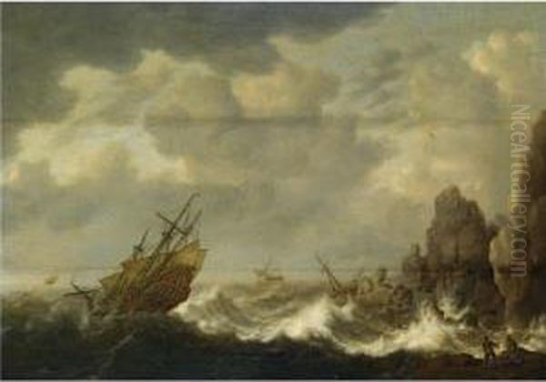 A Dutch Merchant Man And Other Shipping In Stormy Seas Near A Rockycoast Oil Painting by Hendrick Staets