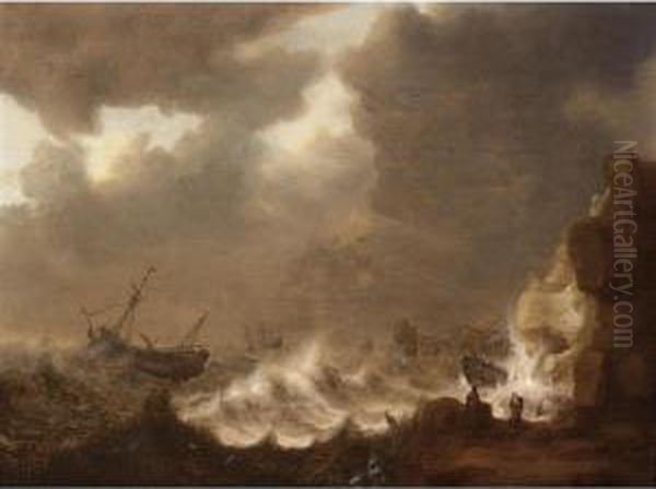 Shipwreck In Stormy Seas Near A Rocky Coast, With Two Other Merchantmen In The Background Oil Painting by Hendrick Staets