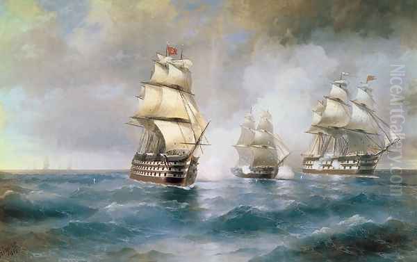 Brig Mercury Attacked by Two Turkish Ships 1892 Oil Painting by Ivan Konstantinovich Aivazovsky