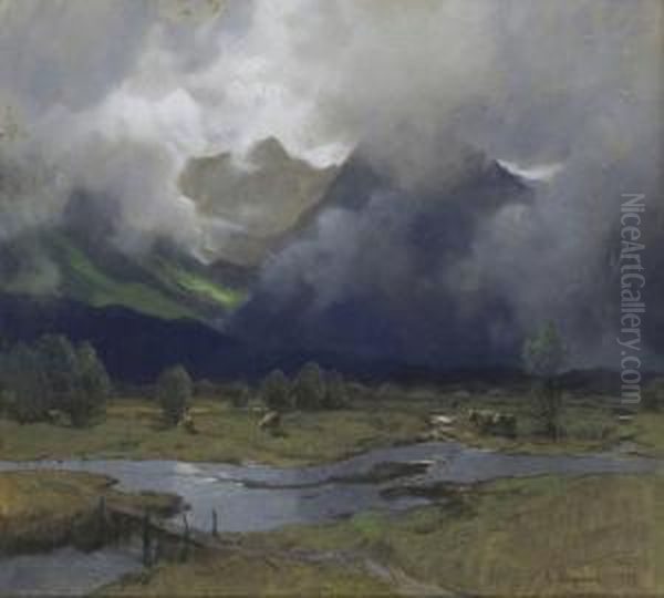 Hochmoor In Wolkenverhangener Gebirgslandschaft Oil Painting by Albert Stagura