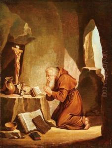 A Hermit Monk At Prayer Before A Crucifix Within A Cave Oil Painting by Johann Ullrich Stahelin