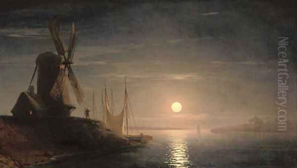 A windmill overlooking a moonlit bay Oil Painting by Ivan Konstantinovich Aivazovsky