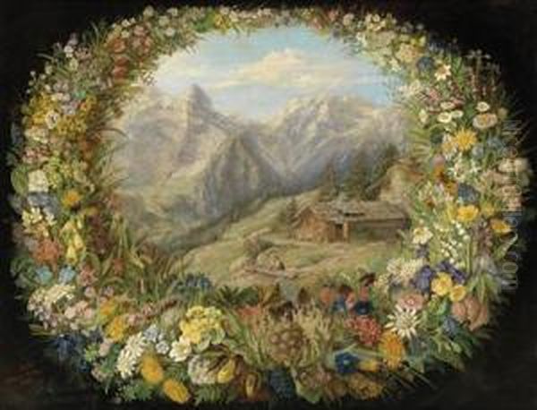 View Of An Alpine Landscape Surrounded By Awreath Of Flowers Oil Painting by Anna Stainer-Knittel