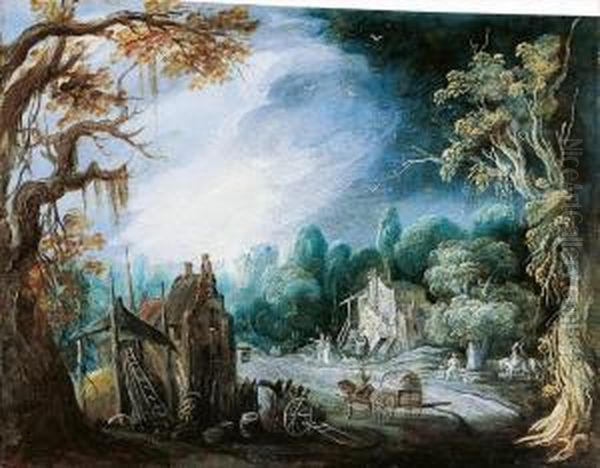 Bewaldete Landschaft Mit Hausern, Fuhrwerk Und Reitern Oil Painting by Pieter Stalpaert